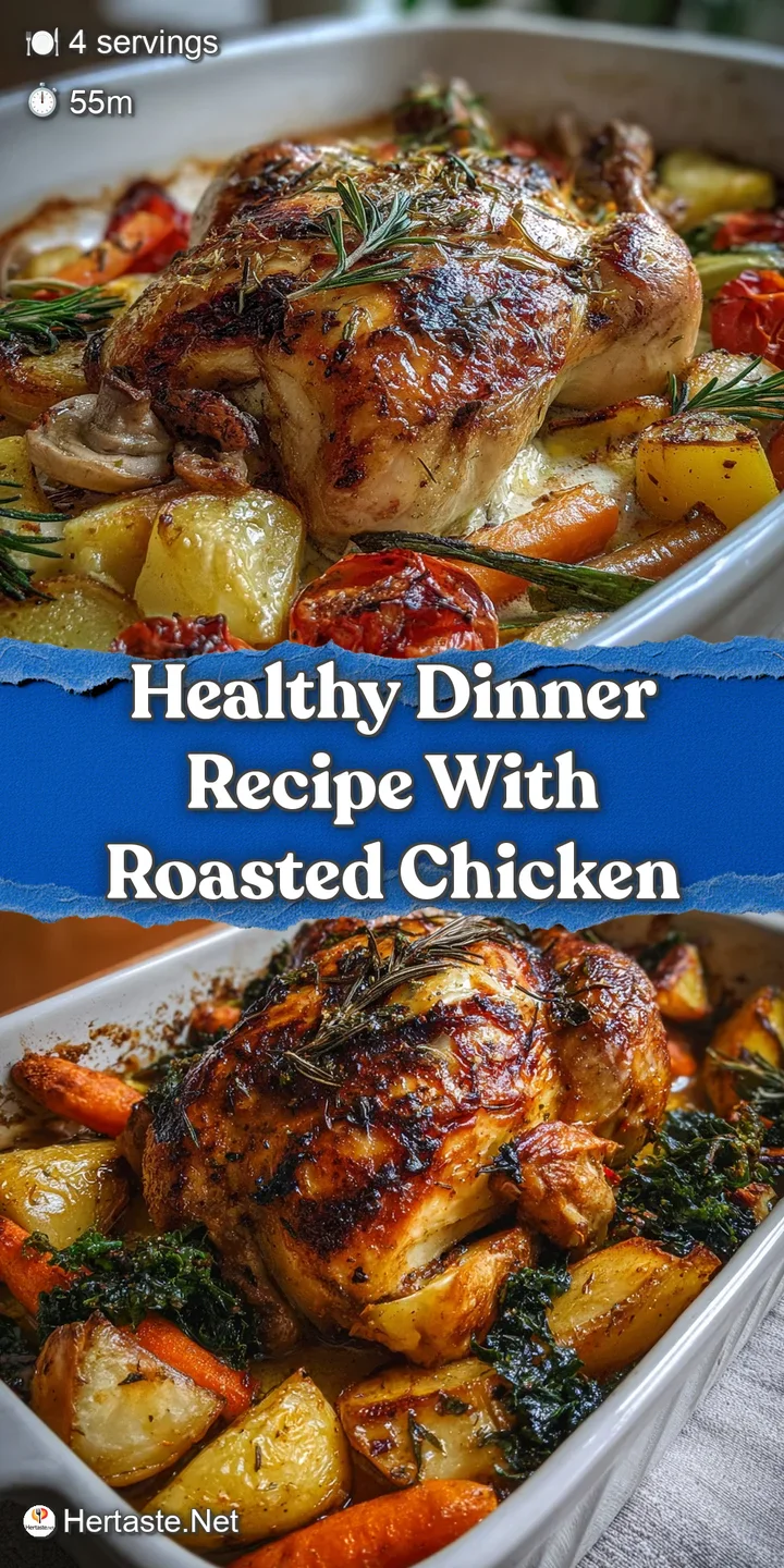 Close-up of moist roasted chicken with crispy skin, paired with caramelized and tender roasted vegetables, all speckled wi...