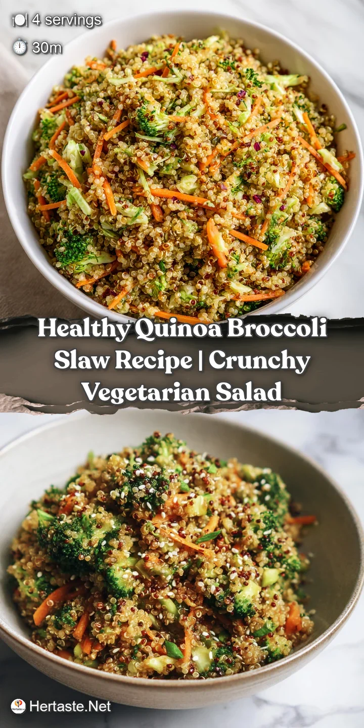 Close-up of a spoonful of quinoa slaw. See bright green broccoli and other fresh ingredients with a creamy sauce.