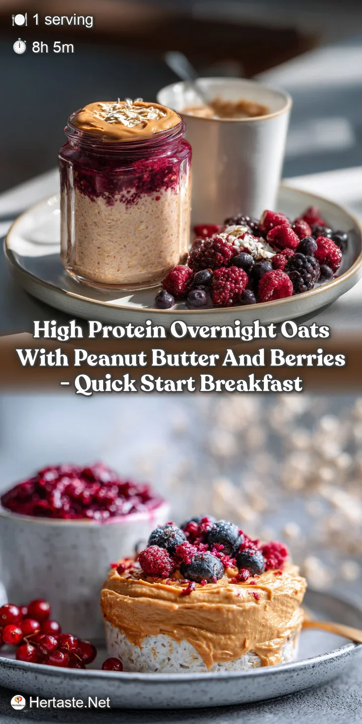 Close-up reveals the creamy texture of overnight oats studded with juicy red berries and a swirl of rich, golden peanut bu...