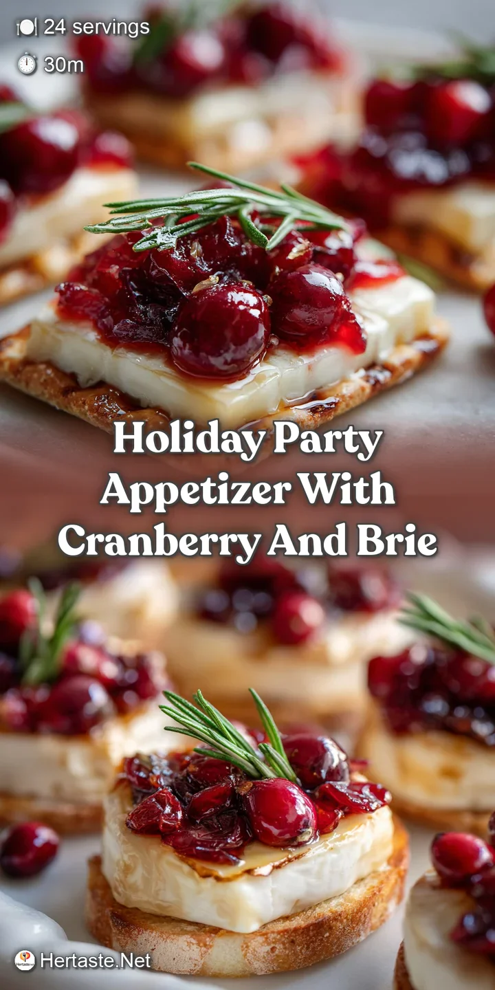 Close-up of a cranberry brie bite; warm, melted cheese oozes from golden pastry with glistening, jewel-toned cranberry top...