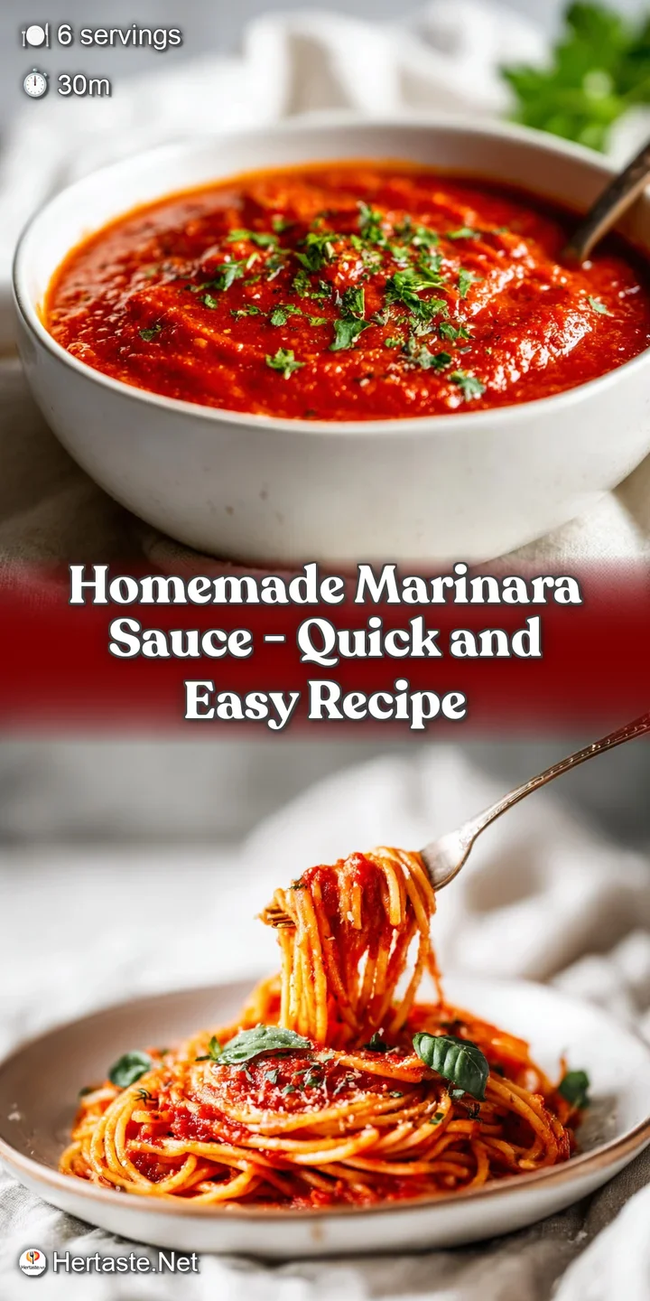 Close-up of bright red marinara sauce, showing tender tomato pieces and flecks of green herbs.