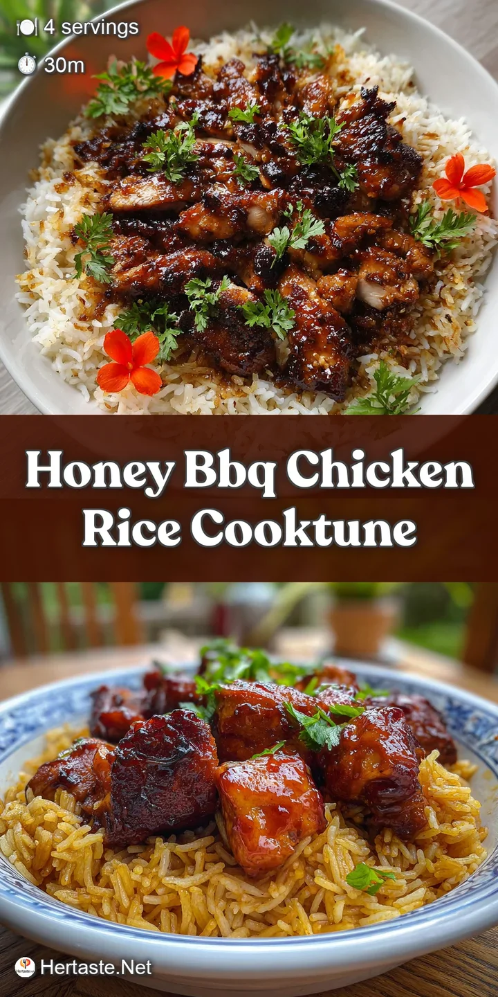Close-up captures the juicy, glistening surface of honey BBQ chicken; tender pieces atop fluffy white rice promise a burst...
