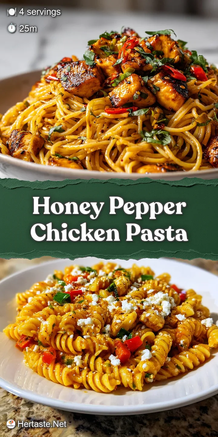 Close-up view of honey-coated chicken nestled in creamy pasta, with bright red pepper adding a fiery touch.
