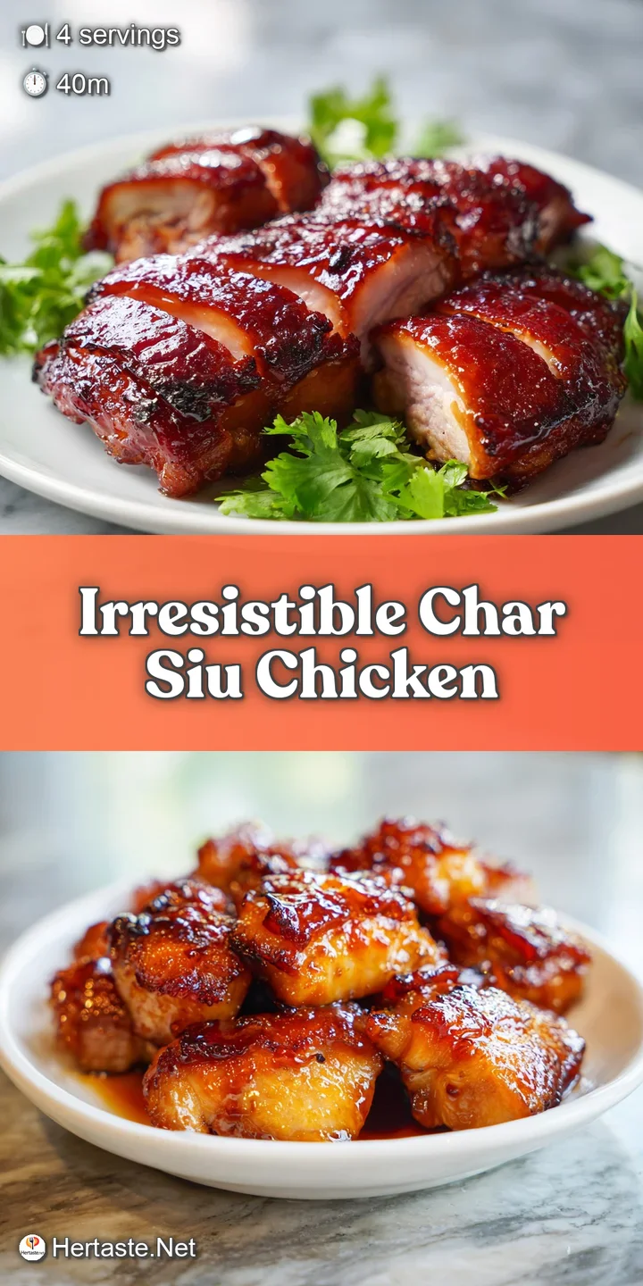 Close-up reveals the deeply caramelized, mahogany-red glaze of tender char siu chicken, glistening with flavorful juices.