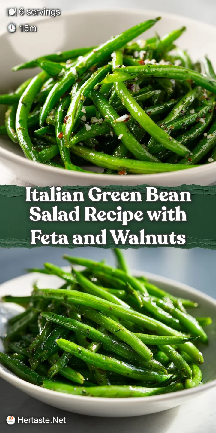 Close-up of crisp green beans, salty feta, and crunchy almonds, all tossed in a light dressing. Fresh and inviting.