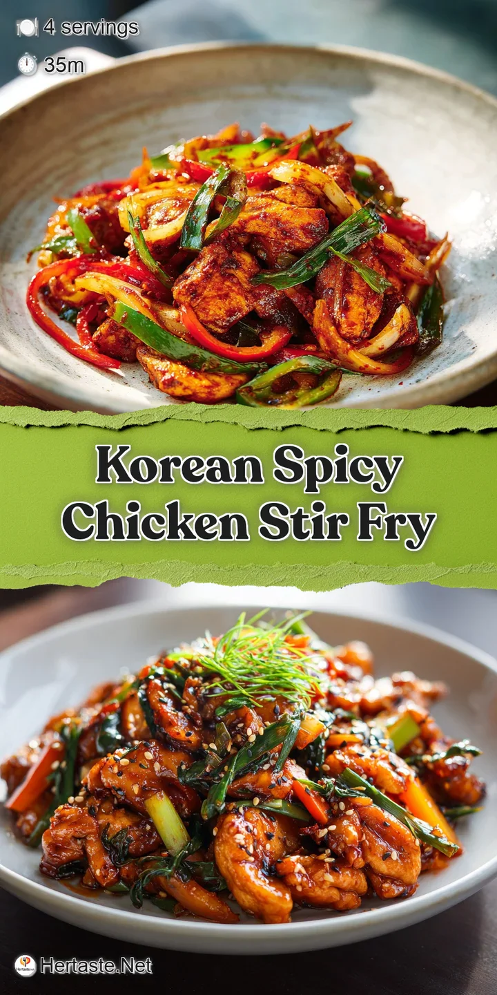 Close-up of spicy Korean chicken stir-fry: juicy chicken glistening with sauce, mixed with vibrant peppers and crisp green...