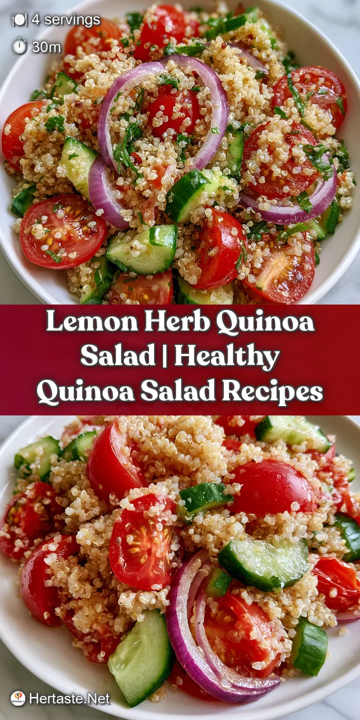 Close-up of fluffy quinoa grains glistening with lemon oil, mixed with bright red tomatoes and chopped green herbs.