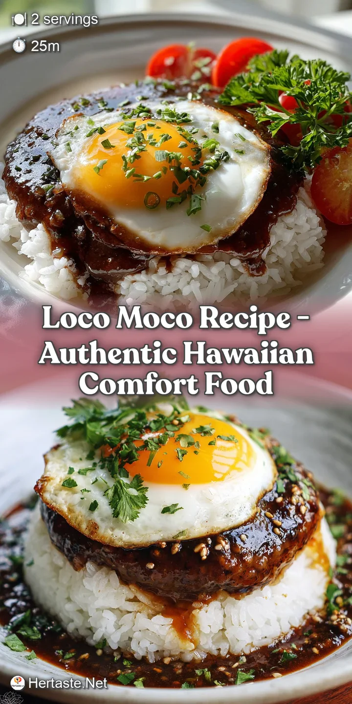 Close-up of Loco Moco showing rich gravy pooling over a juicy burger and white rice, with a bright yellow egg yolk oozing ...
