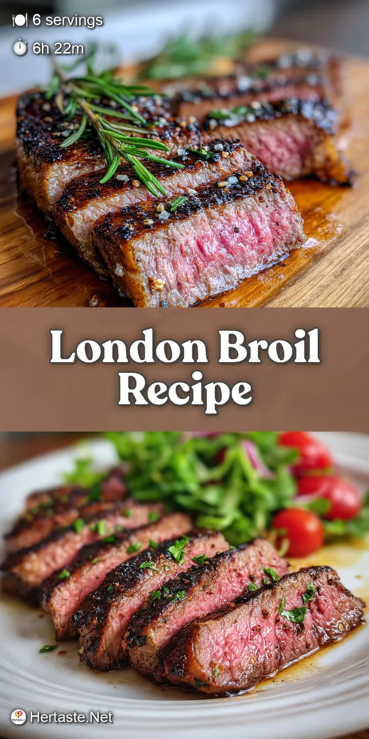 Close-up reveals juicy, tender slices of perfectly cooked London broil, tempting with its browned crust and mouthwatering,...