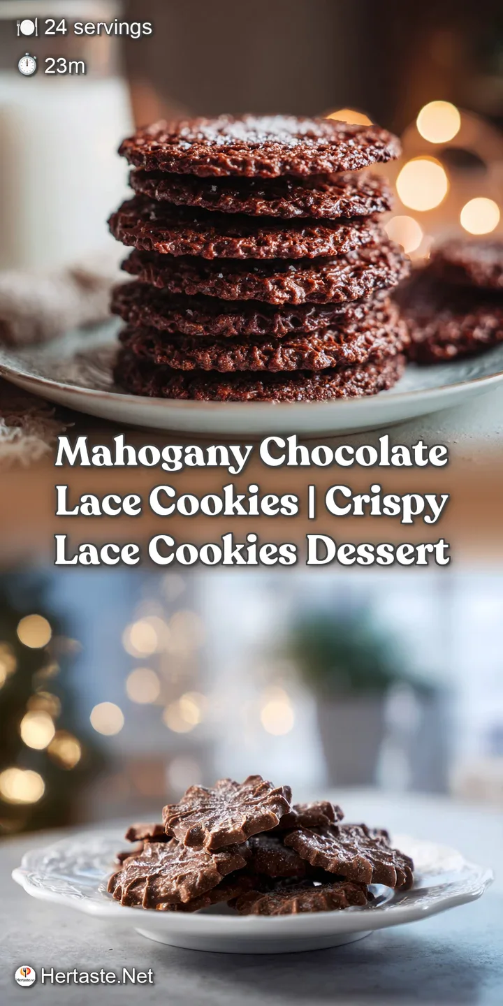 A close-up reveals the intricate, airy texture of a crisp chocolate lace cookie with melted chocolate pools.