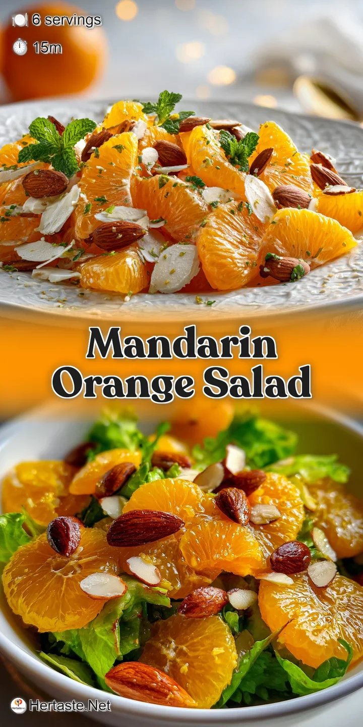 Close-up of a mandarin orange salad: succulent segments burst with juice amidst crisp lettuce and toasted nut pieces. Crea...
