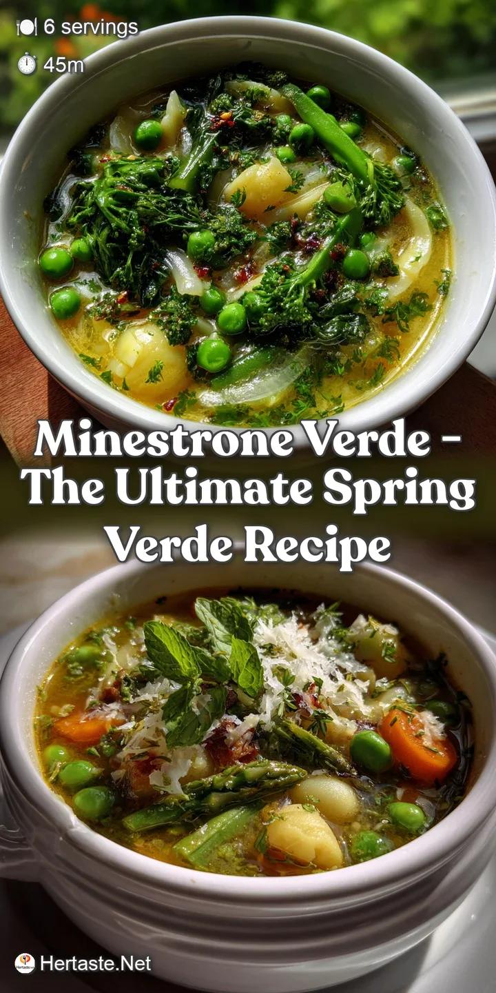 Close-up of a steaming bowl, featuring bright green vegetables, chunky pasta, and a rich, flavorful broth. Fresh herbs add...