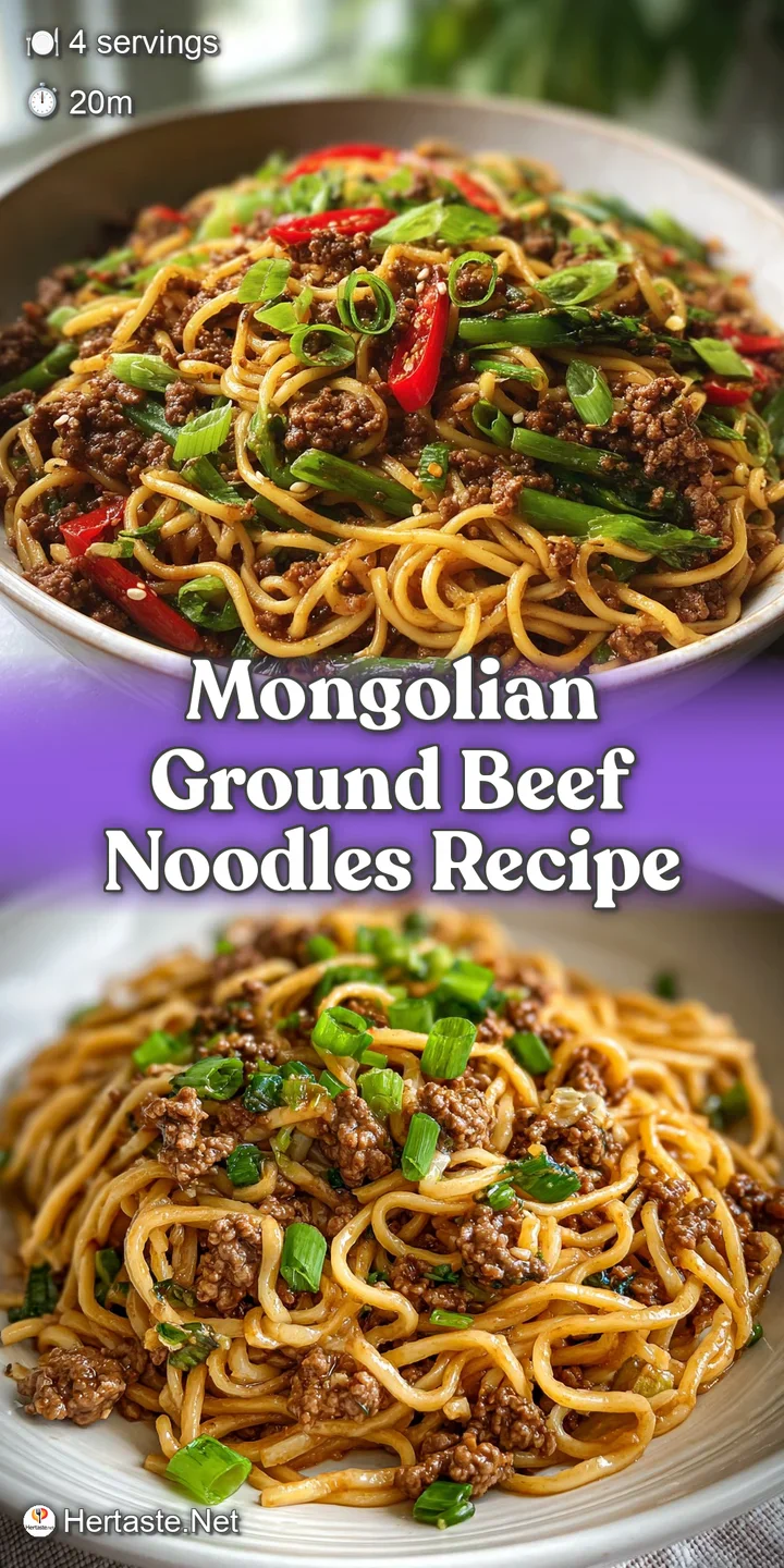 Close-up of glistening ground beef noodles, rich with savory sauce, inviting and textured, topped with fresh scallions and...