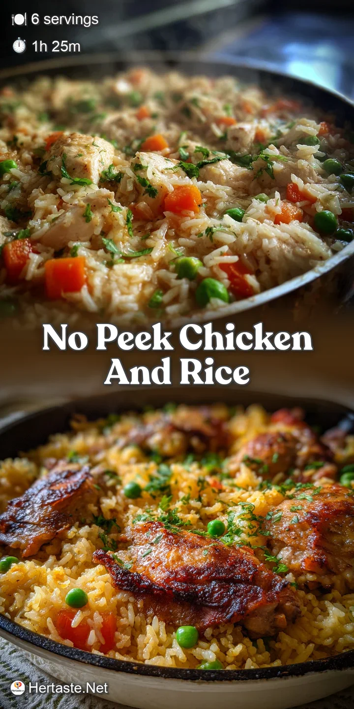 Close-up of tender chicken pieces and moist rice with golden-browned edges, showcasing inviting textures and a savory appe...