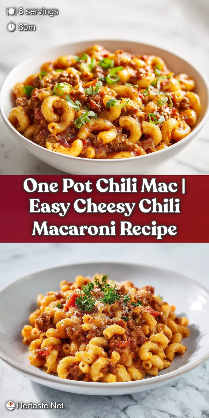 Close-up of tender macaroni noodles coated in a thick, savory chili sauce with chunks of seasoned ground beef.