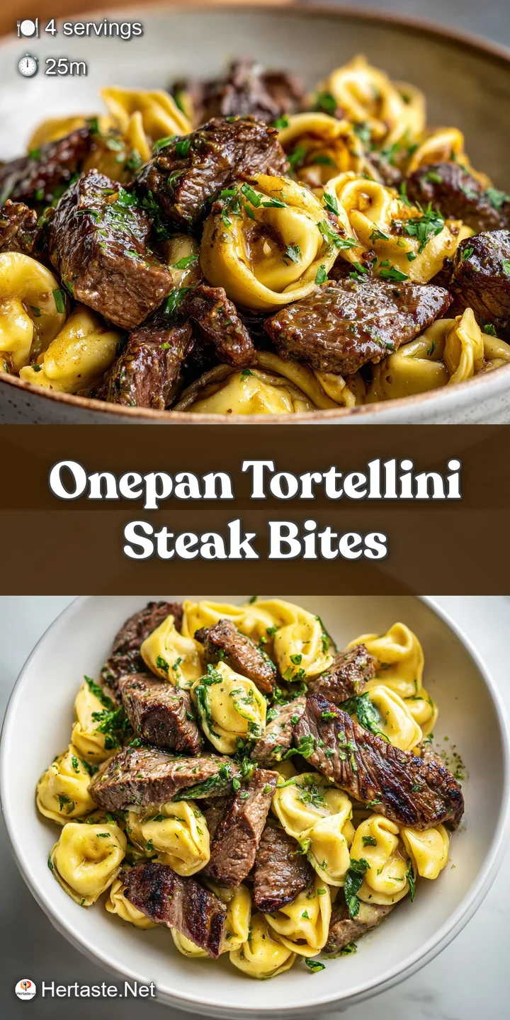 Close-up: Juicy steak bite and plump tortellini glistening with pesto, hint of parmesan cheese sprinkled on top.