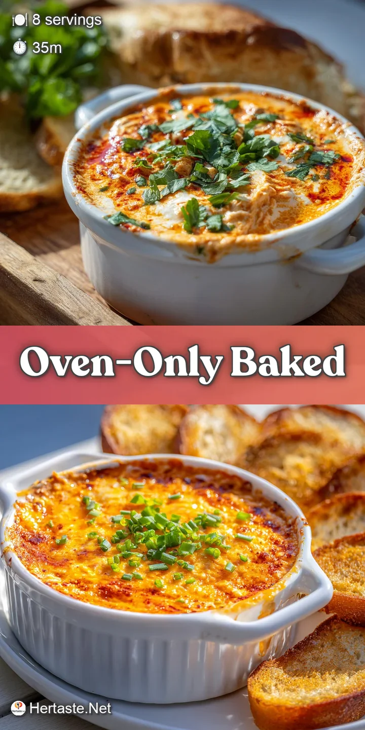 Close-up reveals the rich, cheesy texture of buffalo chicken dip, with a tempting crust and flecks of red pepper. A visual...