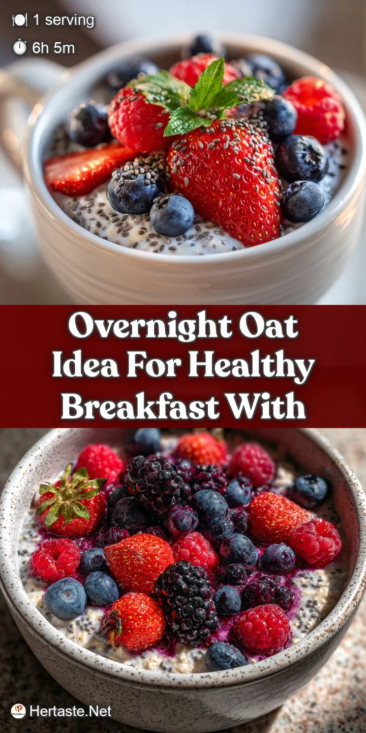 Close-up of chilled, creamy overnight oats with juicy blueberries and raspberries. Glistening chia seeds add a pleasant te...