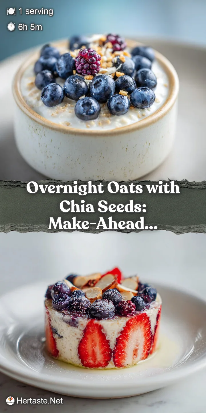 Close-up of thick, creamy overnight oats speckled with tiny chia seeds and vibrant, plump blueberries.