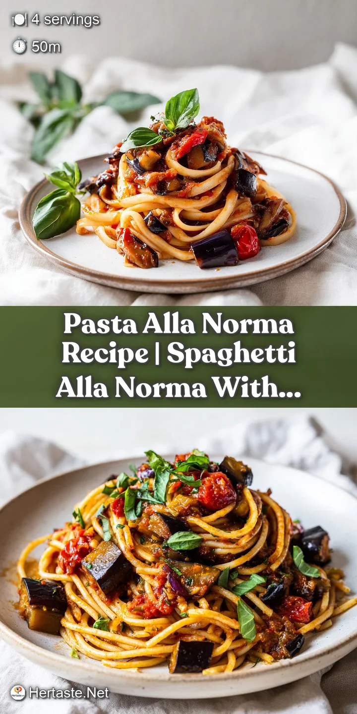 Close-up shows the textures of soft, roasted eggplant and the rough grating of salty ricotta cheese on bright red pasta.