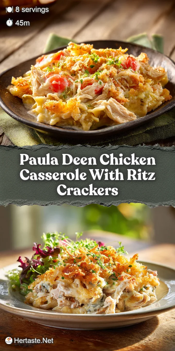 Close-up of creamy chicken casserole showing the golden-brown, crispy cracker topping and tender chicken pieces in a rich ...