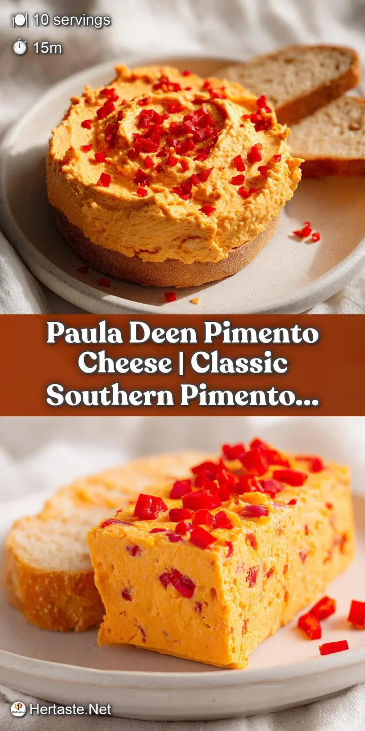 Macro shot of rich, golden-orange cheese spread showing creamy textures and small, bright red diced pimento peppers.