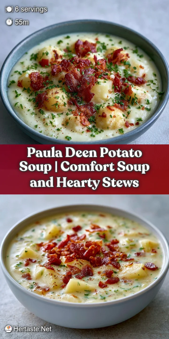 Extreme close-up of thick, creamy potato soup featuring salty brown bacon crumbles and fresh green herb garnishes.