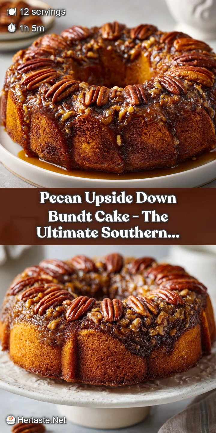 Close-up of a moist cake crumb topped with glossy, dark caramel and perfectly toasted, whole pecans.