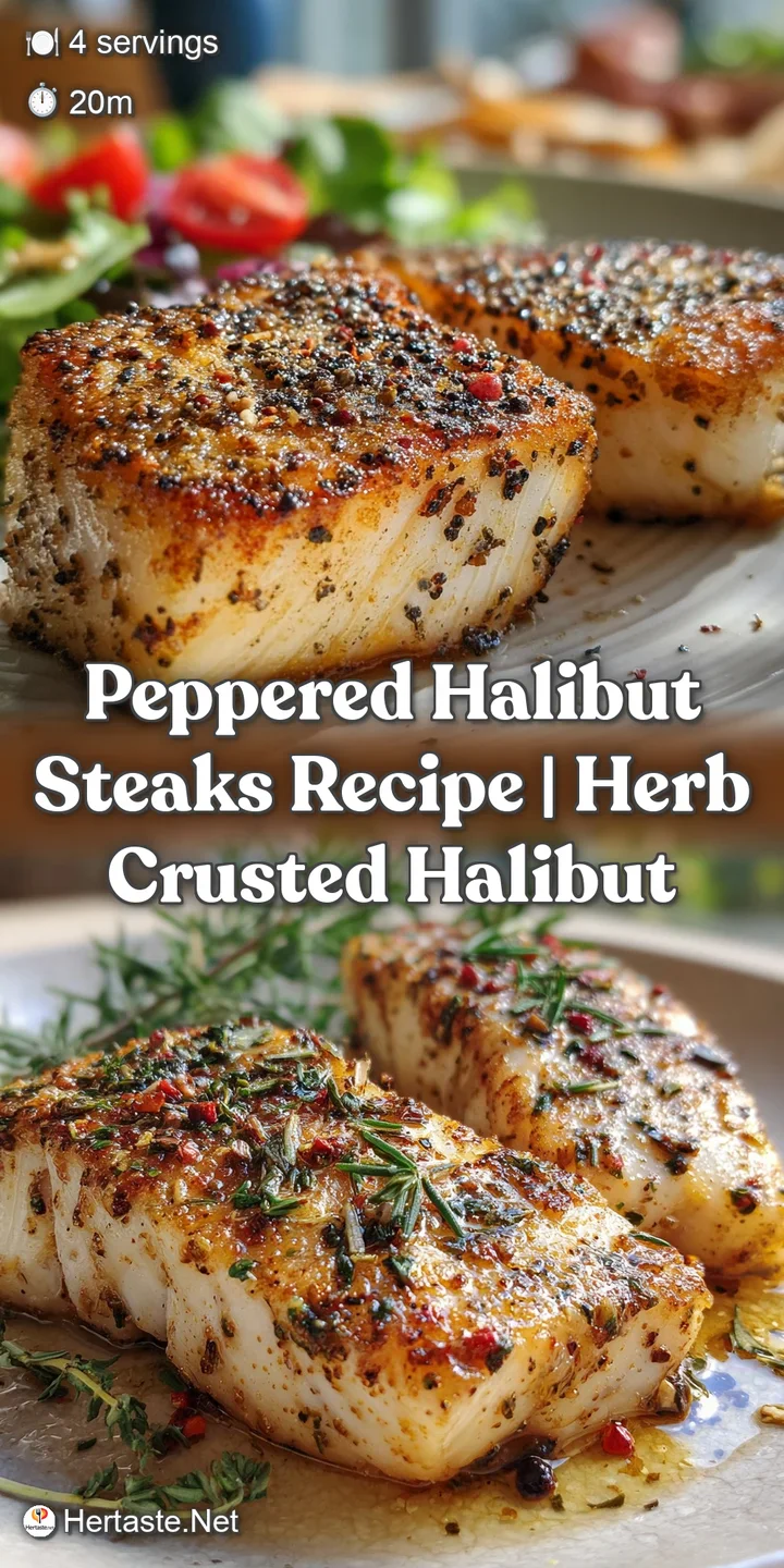 Close-up of a perfectly seared halibut steak. The dark, crispy crust contrasts with the glistening, white, flaky interior.