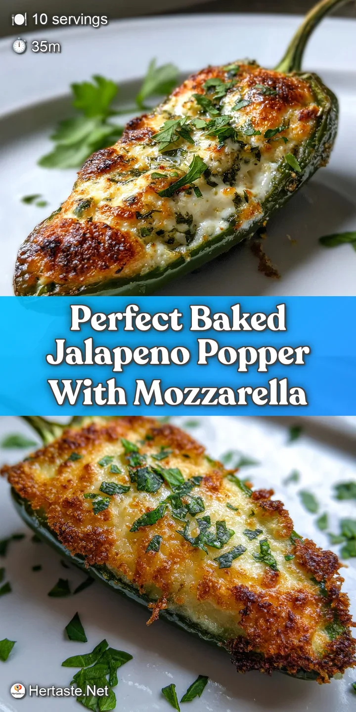 Cheesy, bubbly mozzarella oozes from golden-brown baked jalapeno poppers, speckled with fresh herbs, a mouthwatering close...