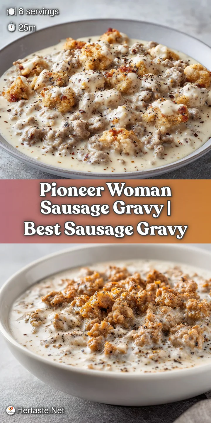 Macro shot of a glossy, creamy white sauce filled with savory brown sausage bits and cracked black pepper.