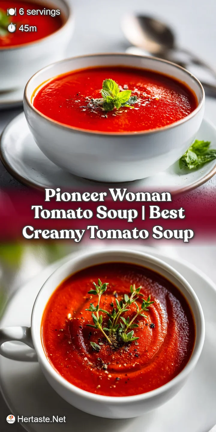 Close-up of steaming, creamy red tomato soup with tiny bubbles and a glossy finish, garnished with fresh herbs.