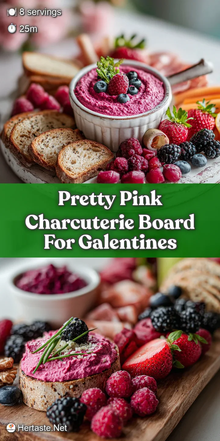 Close-up of a rosy pink charcuterie board featuring beet hummus, creamy brie, fresh raspberries, and salami roses, invitin...