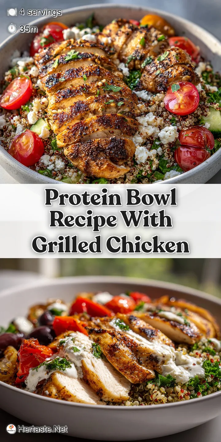 Close-up of tender grilled chicken and fresh vegetables in a protein bowl, highlighting textures and vibrant colors. Appet...
