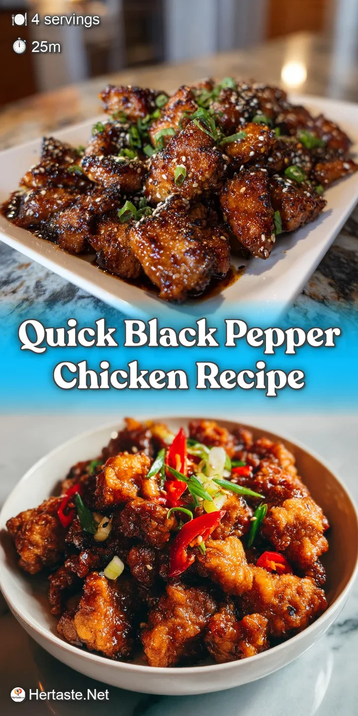 A close-up shot of juicy, dark brown chicken coated in a rich black pepper sauce. Steam rises slightly, hinting at savory ...