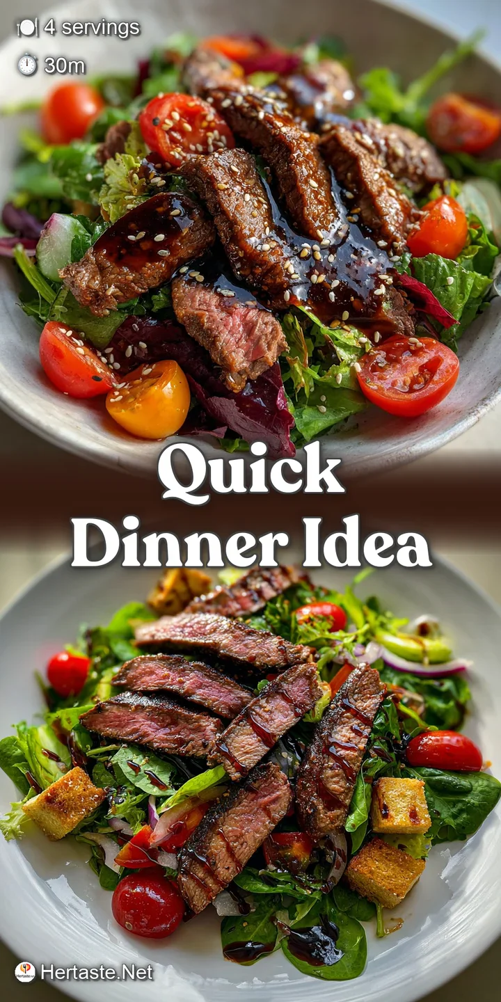 Close-up reveals juicy seared steak strips, glistening with balsamic glaze, paired with fresh, crisp salad greens.