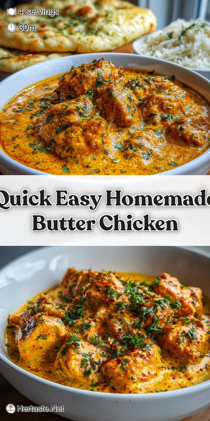 Close-up of succulent butter chicken pieces bathed in a velvety, intensely orange sauce, speckled with vibrant green herbs.