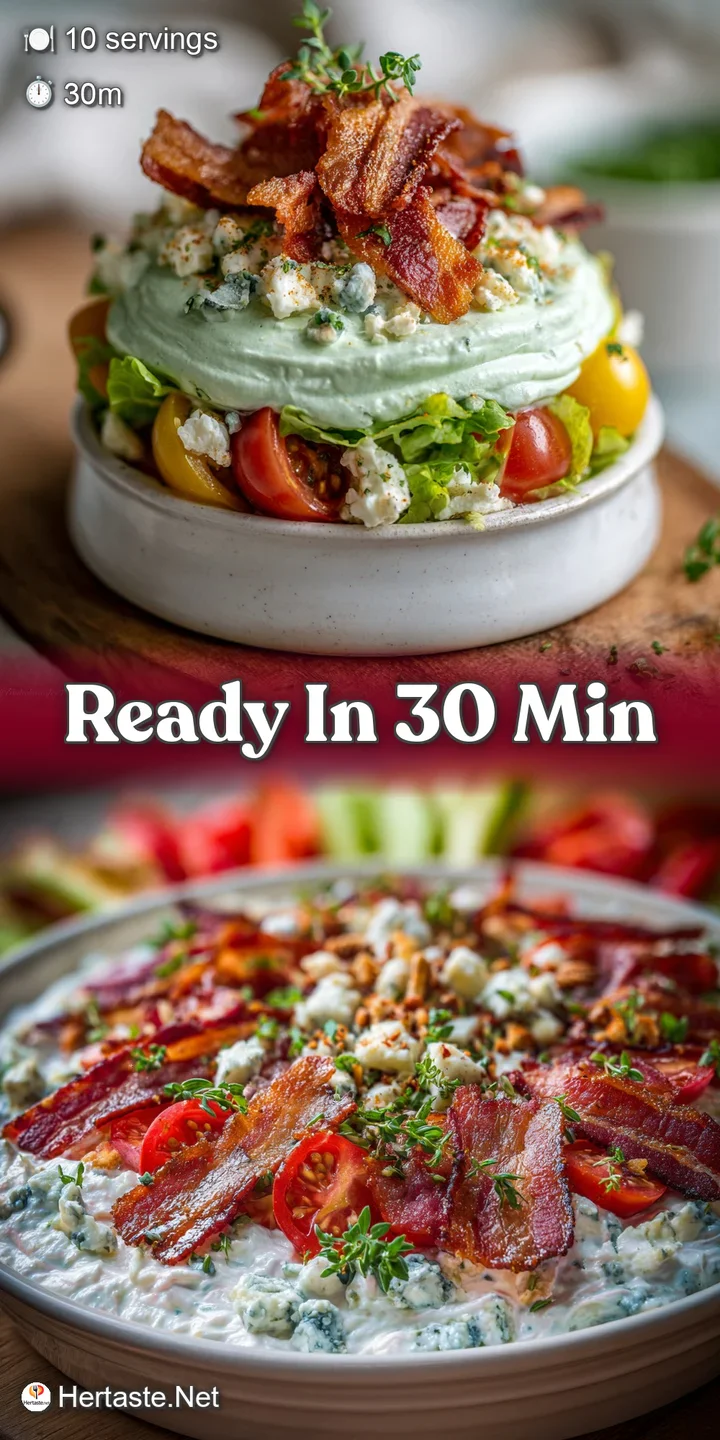 Close-up shows a tantalizing mix of creamy white dip, ripe tomatoes, crumbled blue cheese, and bacon in a delicious layere...