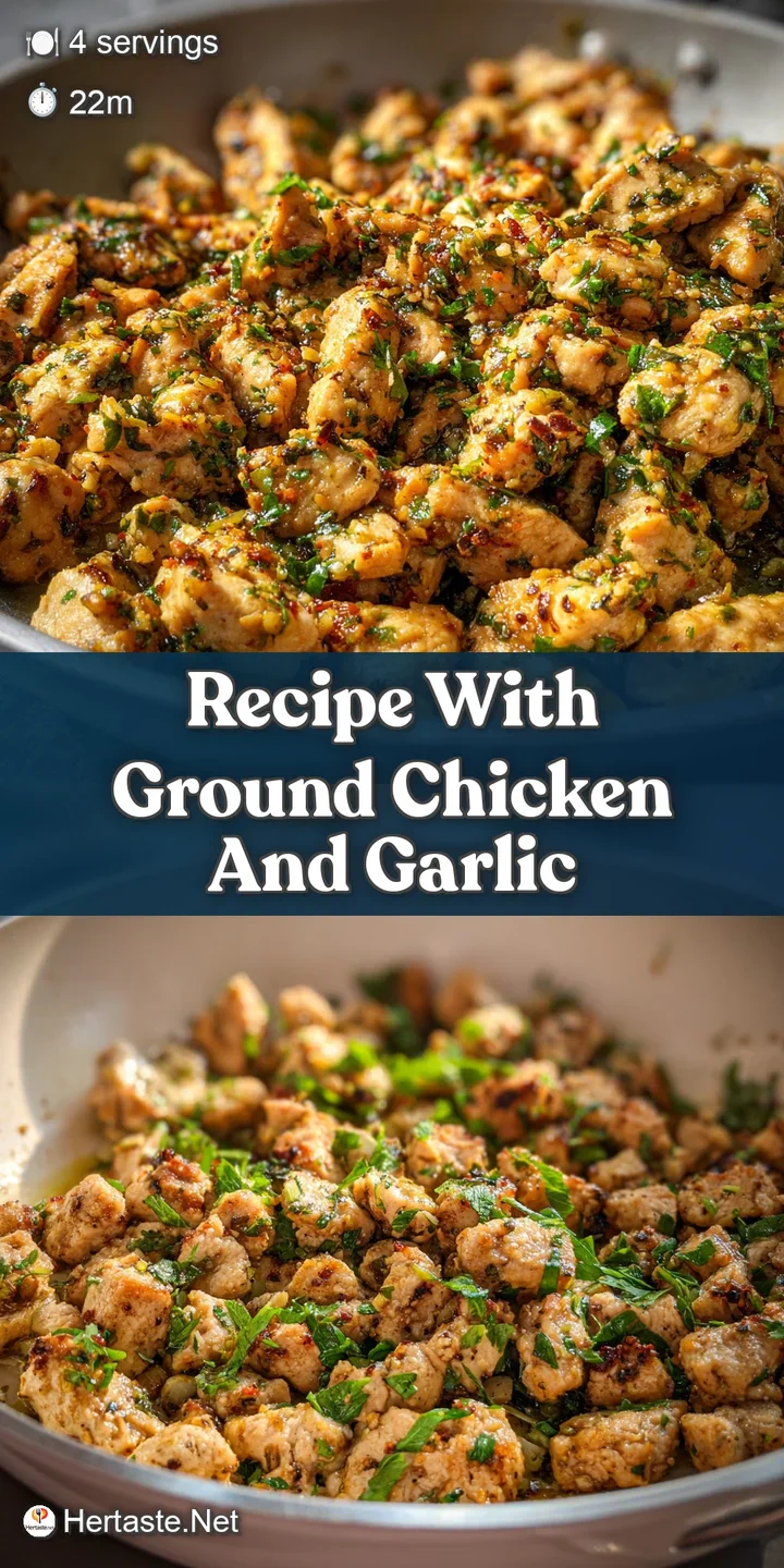 Close-up of ground chicken dish with fragrant herbs and garlic. A light sheen covers the dish, and herbs appear freshly pa...