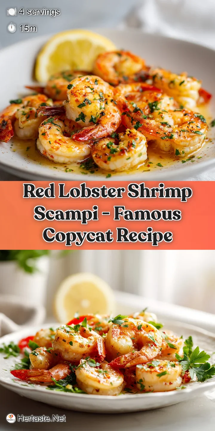 A close-up reveals succulent pink shrimp glistening in a rich, buttery garlic sauce coating golden strands of pasta.