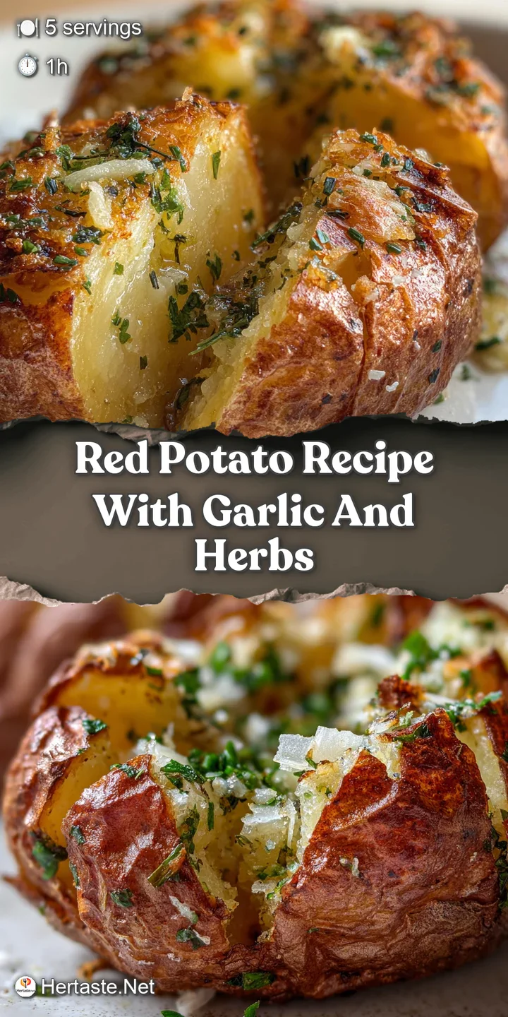 Close-up of roasted red potatoes, showing their crisp, golden edges, flecked with fresh green herbs.