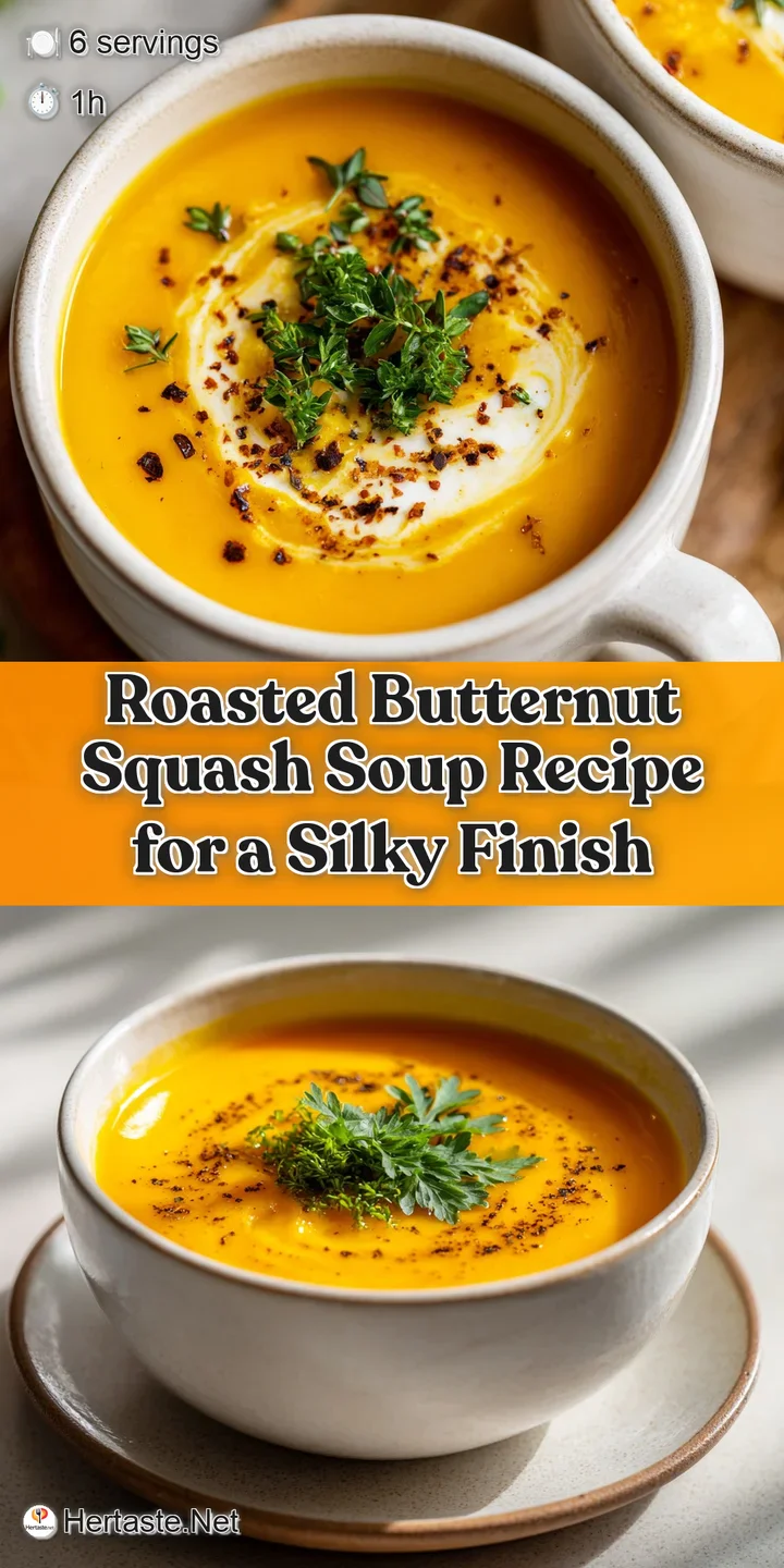 Creamy, vibrant orange butternut squash soup with a silky smooth texture, ready to warm you up on a chilly day. A comforti...