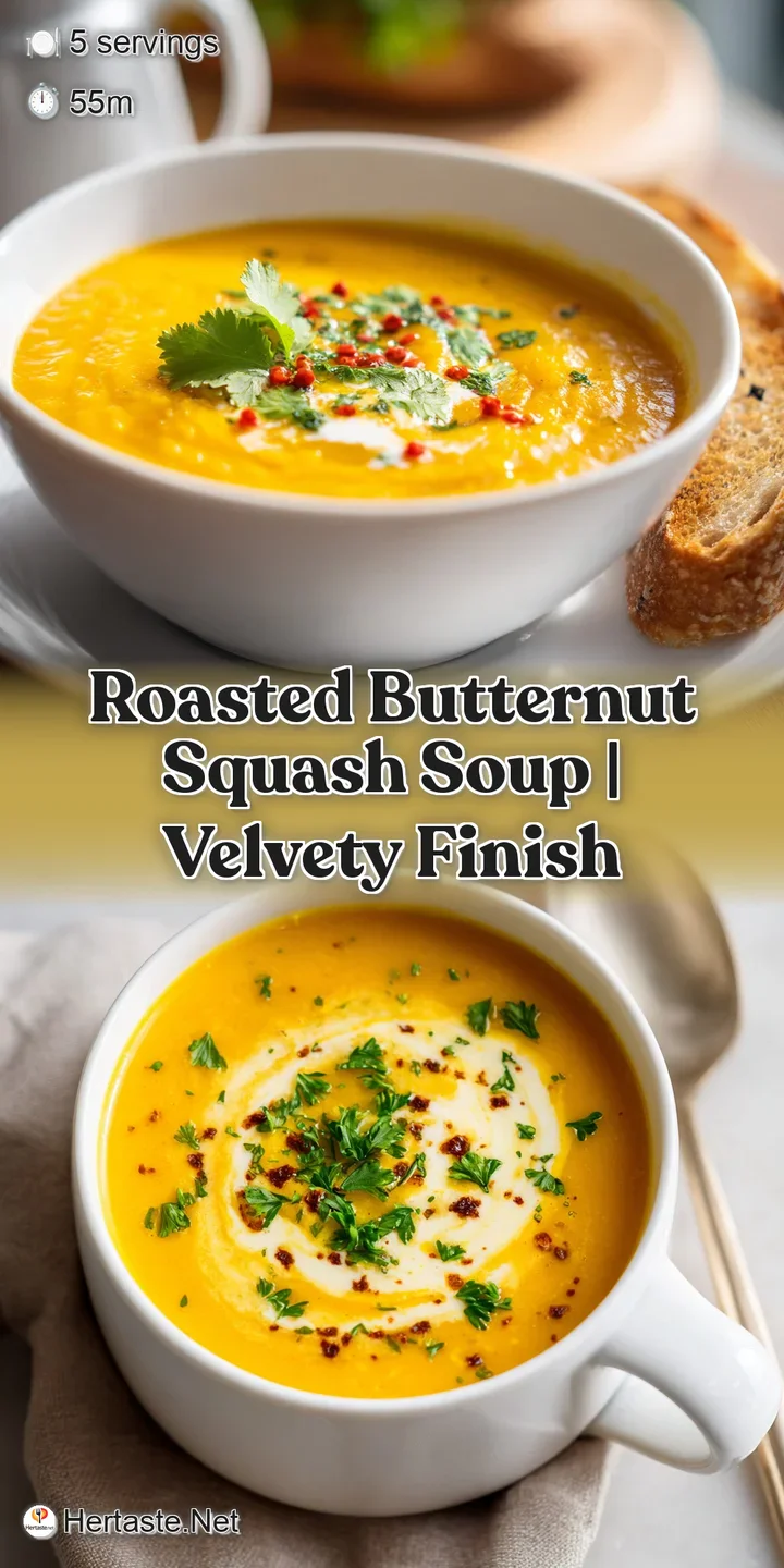 Close-up of rich, velvety butternut squash soup; toasted pepitas add a delightful crunch against the smooth texture and vi...
