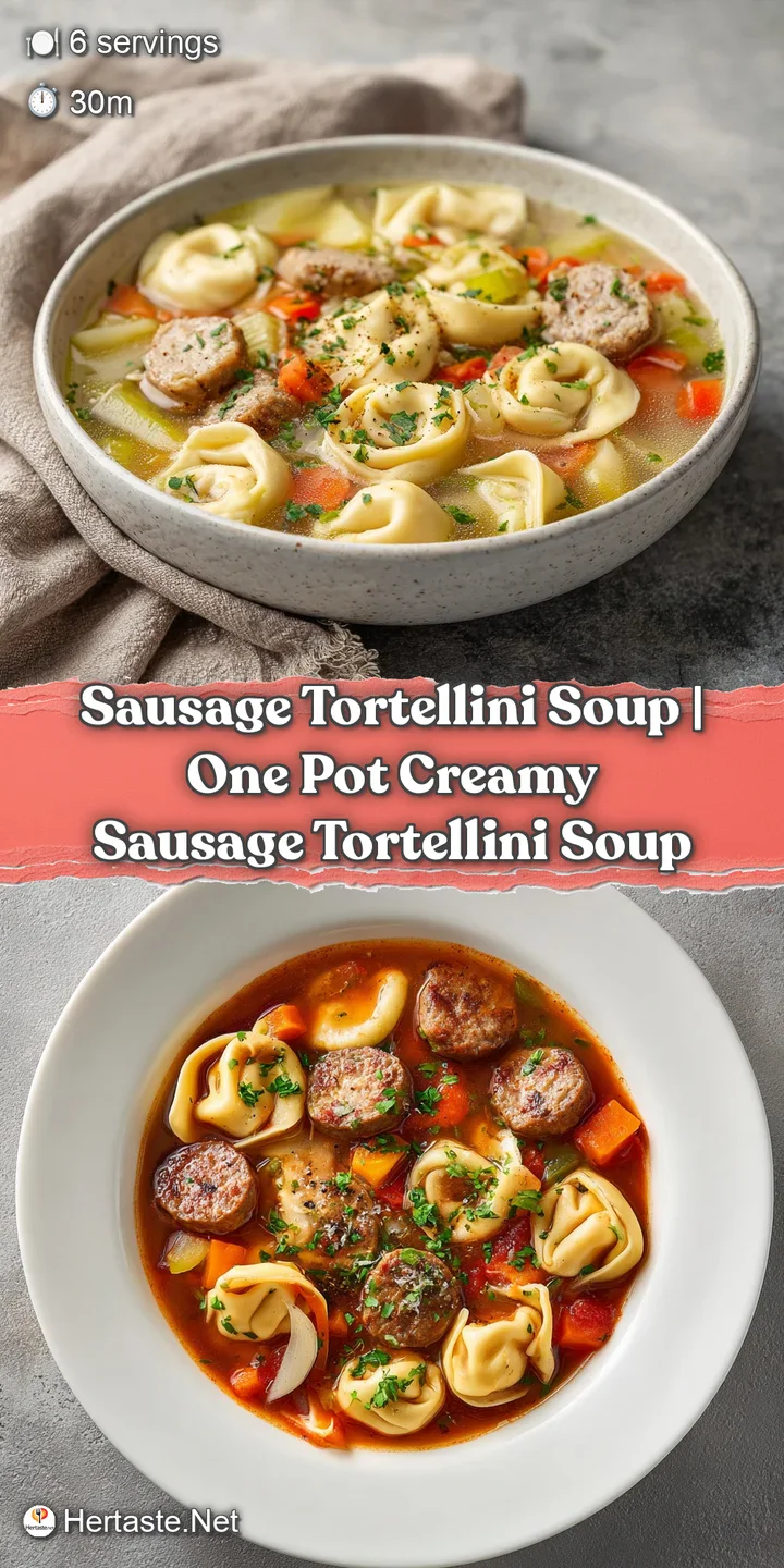 Close-up of plump tortellini and savory sausage pieces submerged in a thick, creamy, herb-flecked broth.