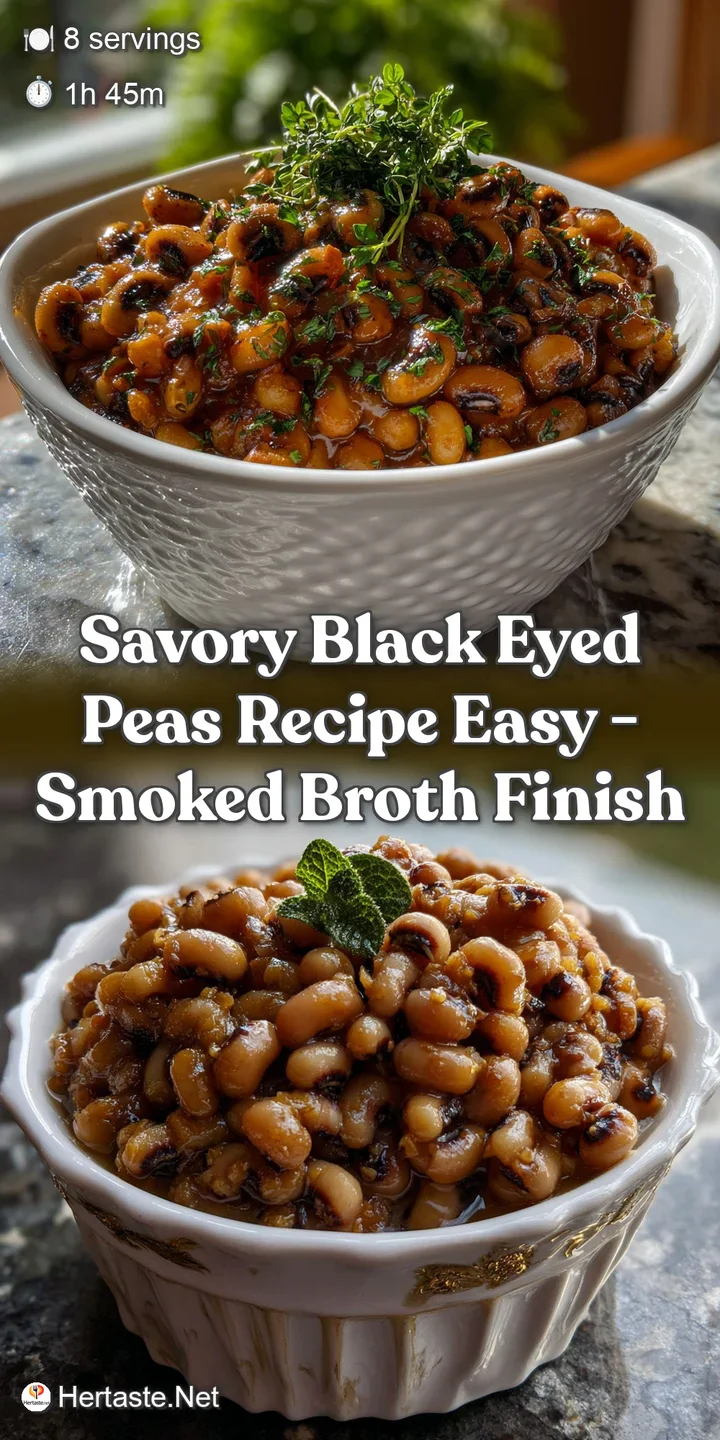 Close-up of steaming black-eyed peas, glistening with umami richness, tender texture, vibrant green herbs, a warm and comf...