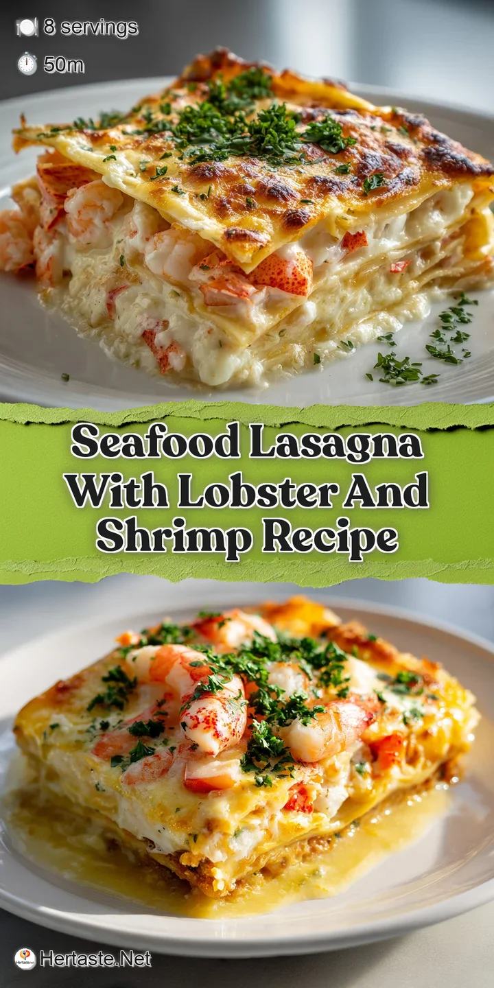 Close-up of creamy seafood lasagna with visible lobster chunks and browned cheese crust, steaming and inviting. Decadent i...
