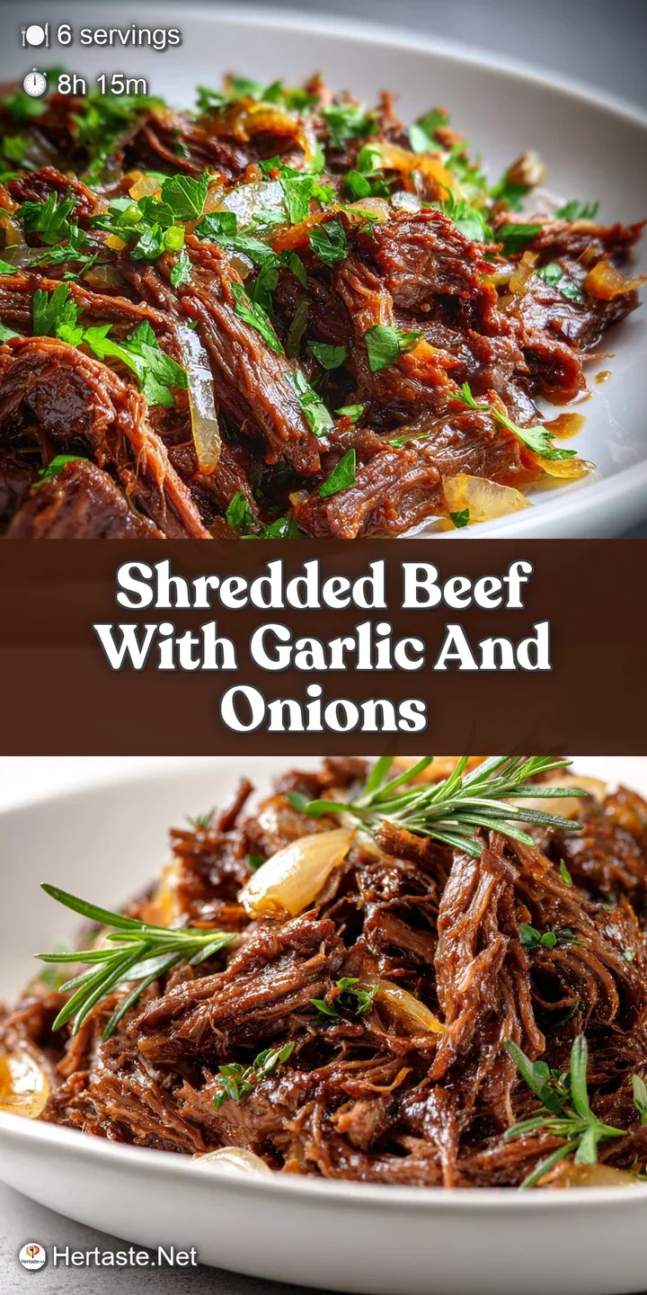 Savory, juicy shredded beef with visible garlic cloves and softened onions shimmering in the light. A hearty, comforting m...