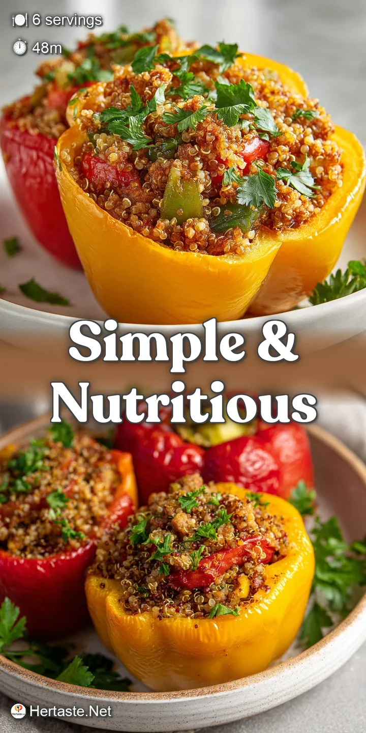 Close-up of juicy, bright red bell pepper overflowing with hearty quinoa and ground turkey; steam suggests a warm, savory ...
