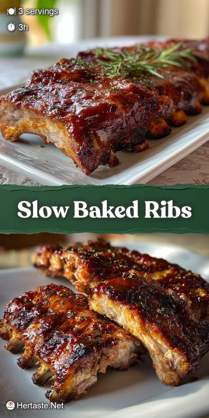 Close-up of oven-baked ribs coated in a thick, sweet barbecue sauce, showing caramelized edges and tender, juicy meat.