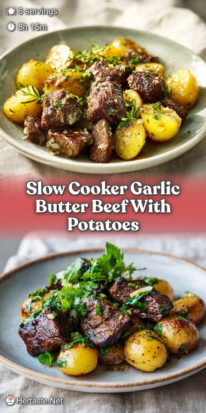 Close-up of glistening beef and potato, swimming in a flavorful, buttery sauce. Inviting and rustic slow-cooked dish.